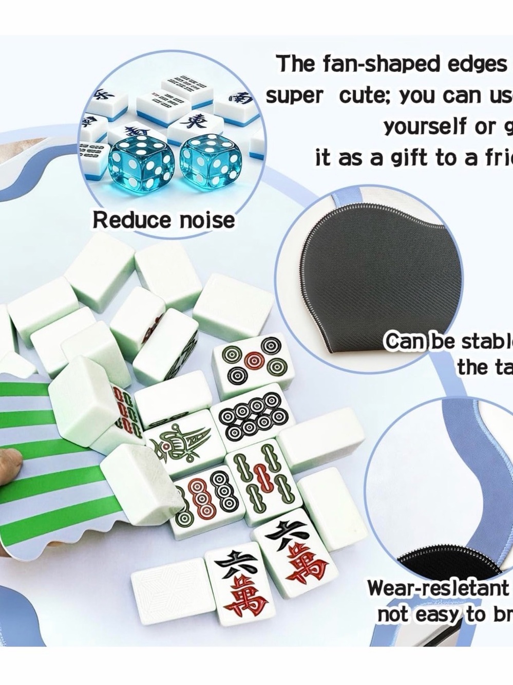 32.4in Scalloped Mahjong Mat, Anti-Slip Mahjong Table Mat, blue, w/cards &dice - Picture 6 of 7